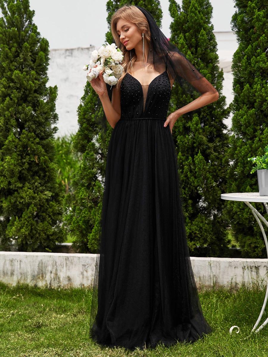 Women's V Neck Wedding Dress with Spaghetti Straps and Full Maxi Skirt