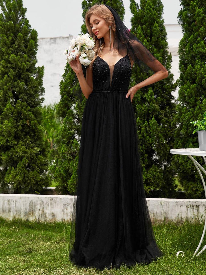 Women's V Neck Wedding Dress with Spaghetti Straps and Full Maxi Skirt