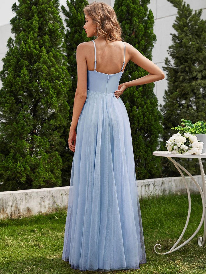 Women's V Neck Wedding Dress with Spaghetti Straps and Full Maxi Skirt