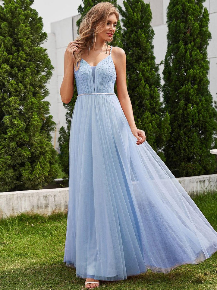 Women's V Neck Wedding Dress with Spaghetti Straps and Full Maxi Skirt
