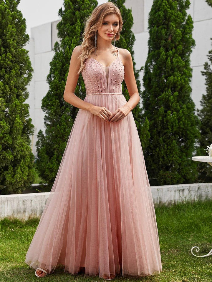 Women's V Neck Wedding Dress with Spaghetti Straps and Full Maxi Skirt