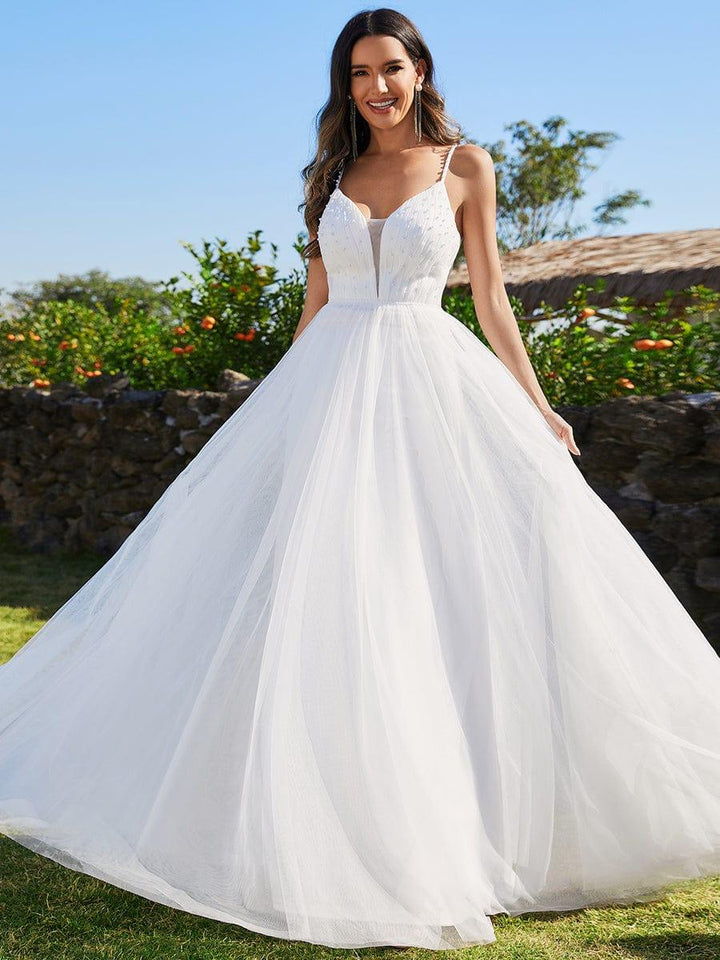 Women's V Neck Wedding Dress with Spaghetti Straps and Full Maxi Skirt