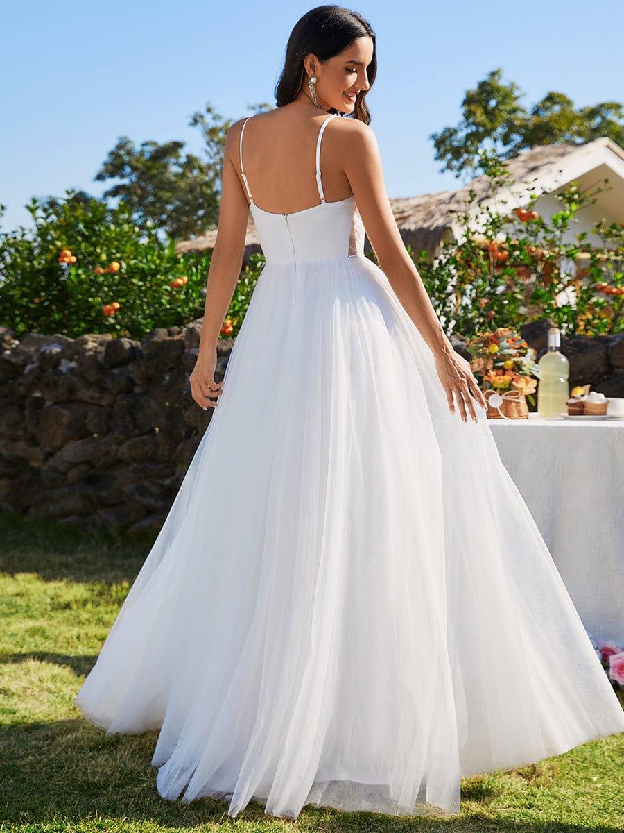 Women's V Neck Wedding Dress with Spaghetti Straps and Full Maxi Skirt
