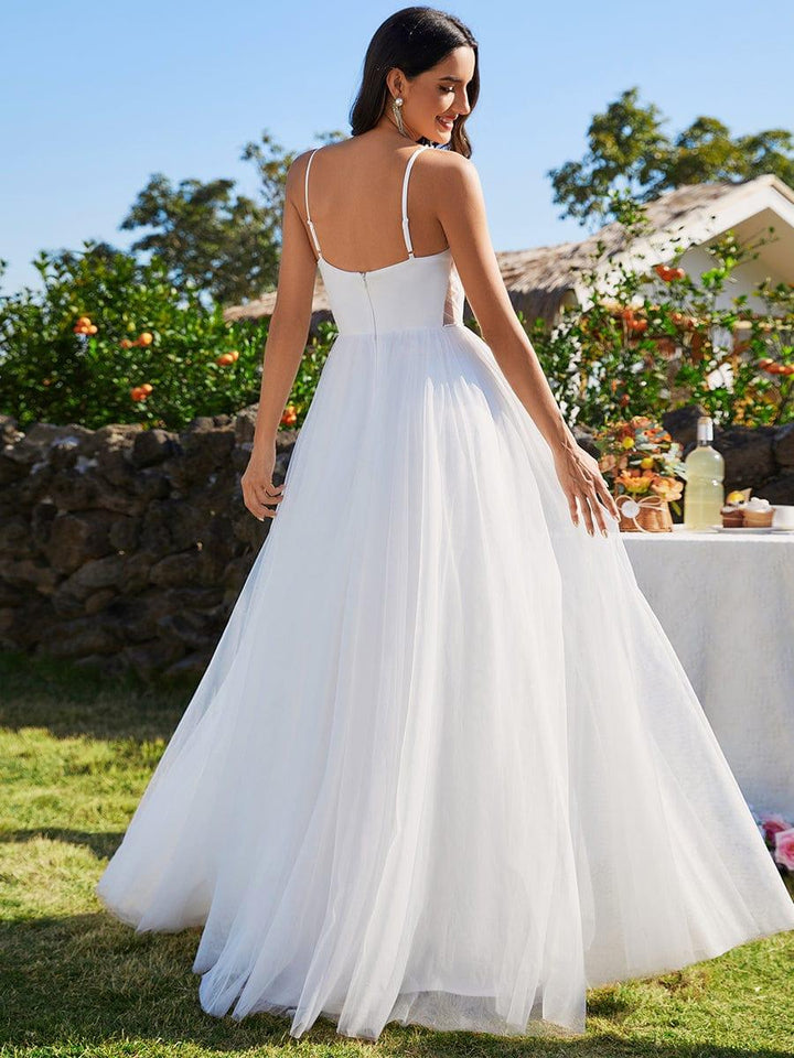 Women's V Neck Wedding Dress with Spaghetti Straps and Full Maxi Skirt