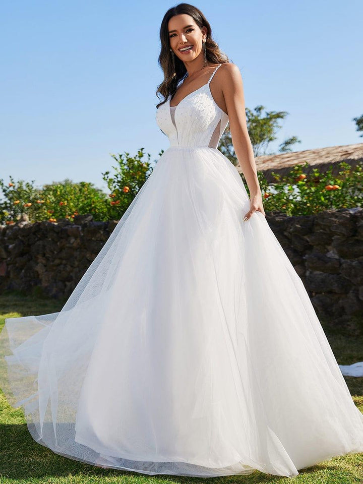 Women's V Neck Wedding Dress with Spaghetti Straps and Full Maxi Skirt