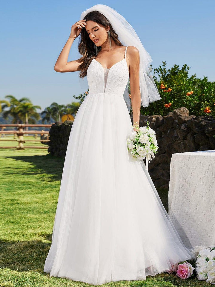 Women's V Neck Wedding Dress with Spaghetti Straps and Full Maxi Skirt