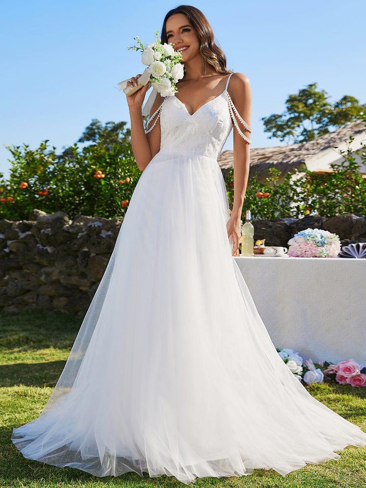 Women's V Neck Wedding Dress with Lace Bodice and Full Maxi Skirt