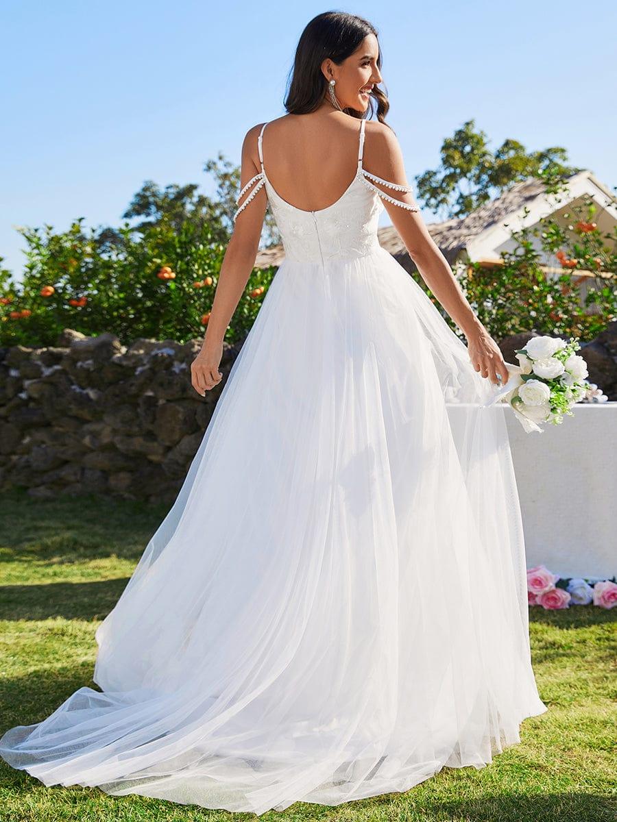 Women's V Neck Wedding Dress with Lace Bodice and Full Maxi Skirt