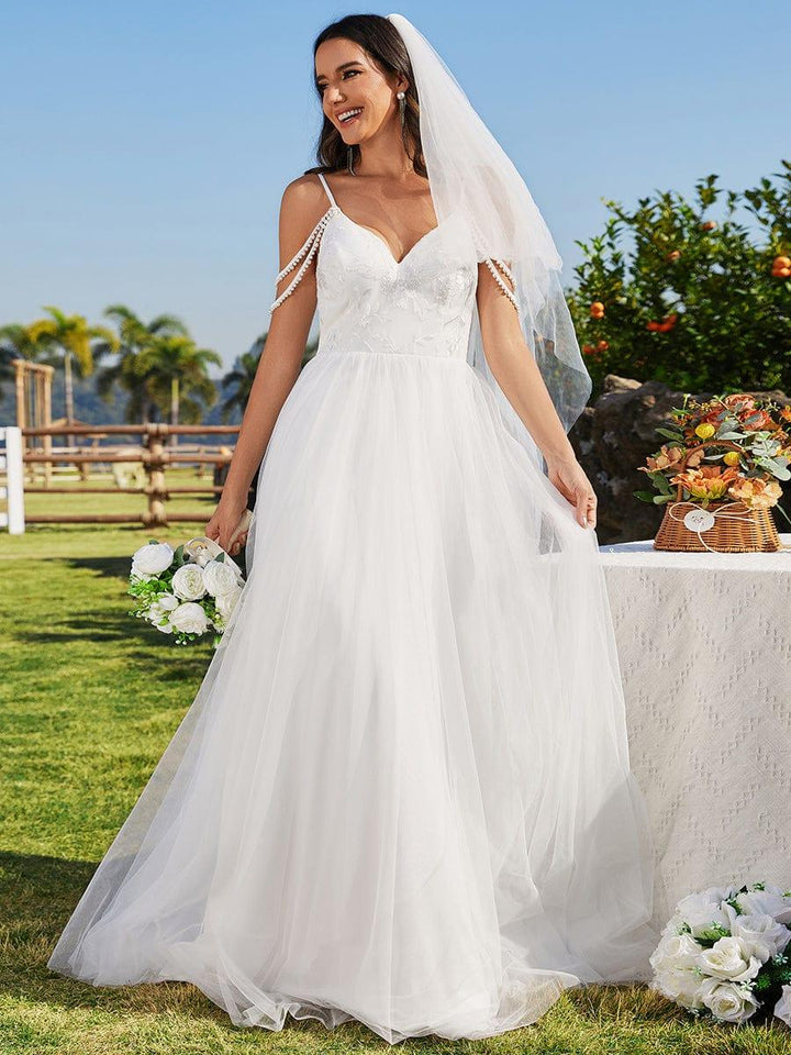 Women's V Neck Wedding Dress with Lace Bodice and Full Maxi Skirt