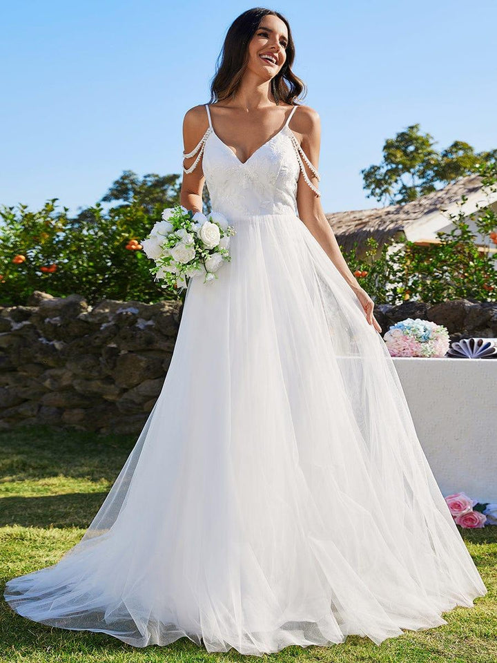 Women's V Neck Wedding Dress with Lace Bodice and Full Maxi Skirt