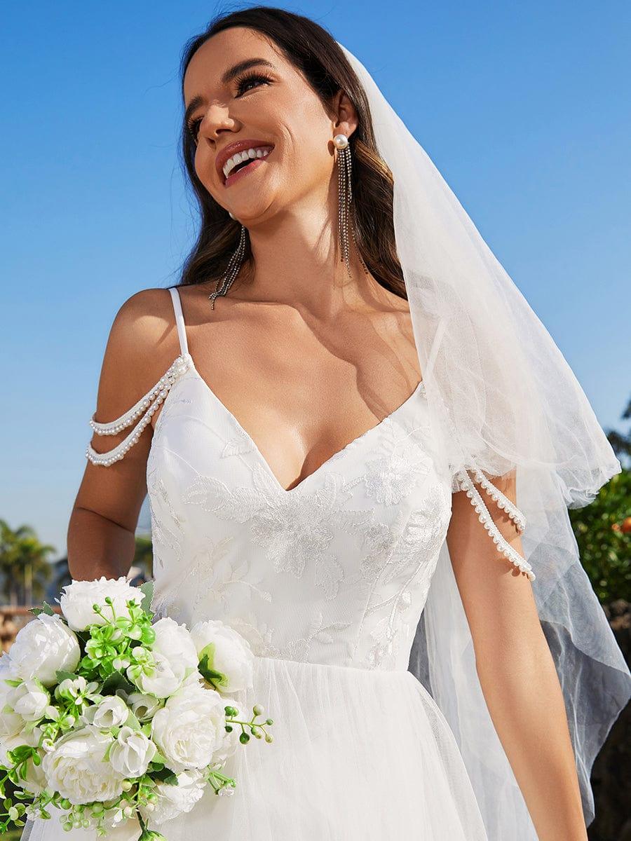 Women's V Neck Wedding Dress with Lace Bodice and Full Maxi Skirt