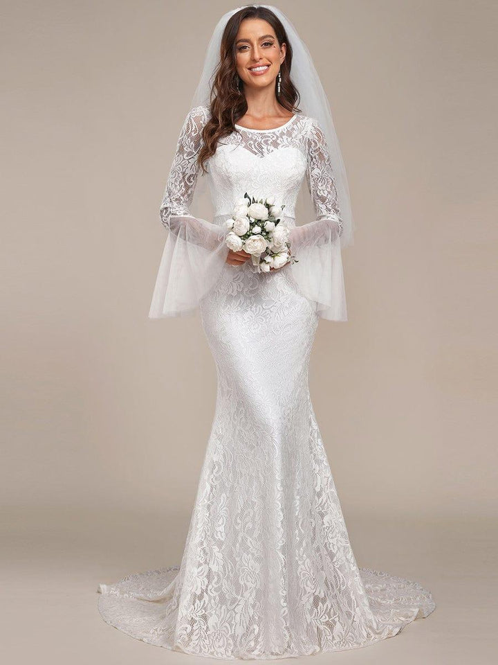 Women's Lace Wedding Dress with Square Neck and Flared Sleeves