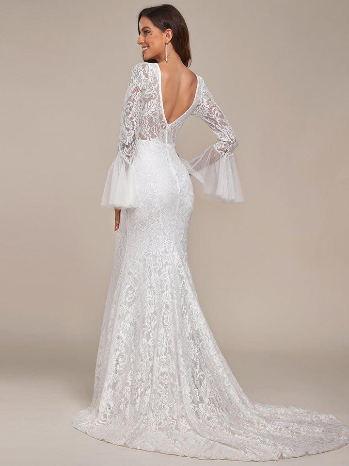 Women's Lace Wedding Dress with Square Neck and Flared Sleeves