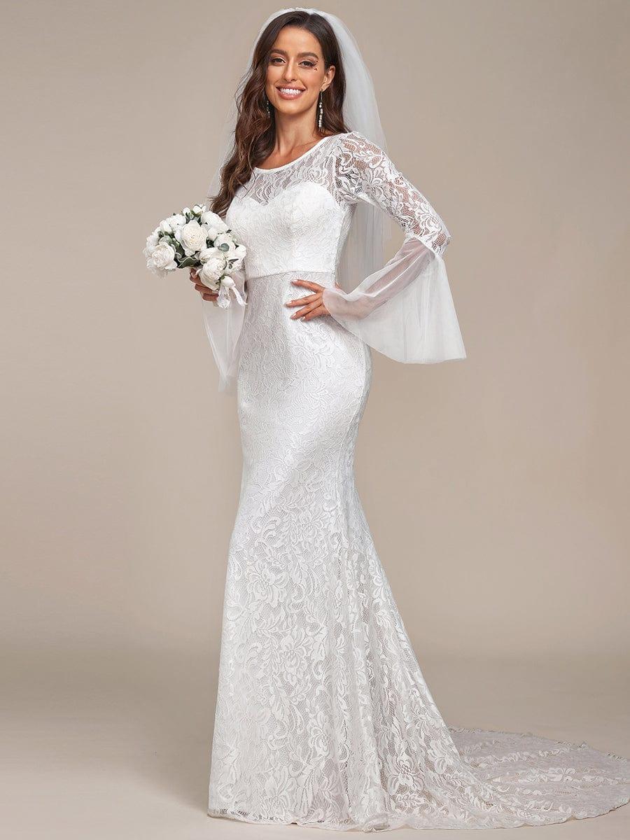 Women's Lace Wedding Dress with Square Neck and Flared Sleeves