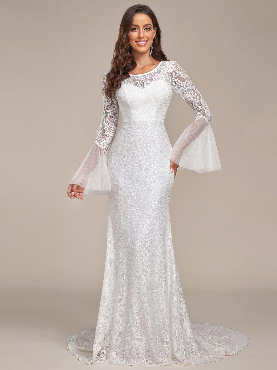 Women's Lace Wedding Dress with Square Neck and Flared Sleeves
