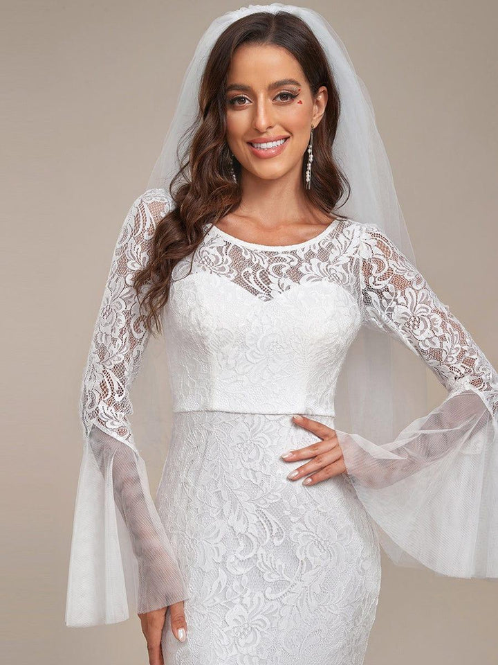 Women's Lace Wedding Dress with Square Neck and Flared Sleeves