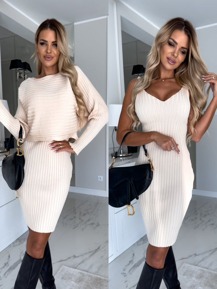 Women's Knitted Co-Ord Set with Long Sleeve Top and Midi Skirt