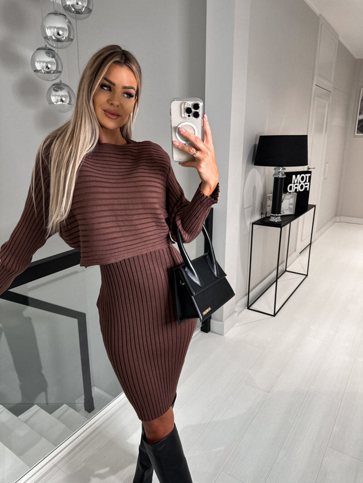 Women's Knitted Co-Ord Set with Long Sleeve Top and Midi Skirt