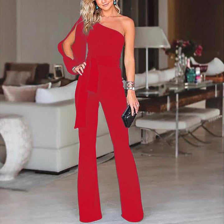 Women's One Shoulder Jumpsuit with Belted Waist and Wide Leg Design