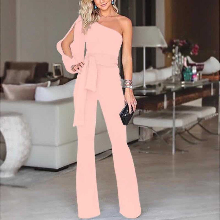 Women's One Shoulder Jumpsuit with Belted Waist and Wide Leg Design