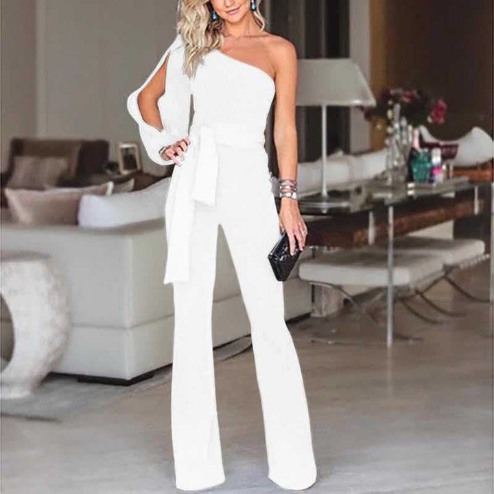 Women's One Shoulder Jumpsuit with Belted Waist and Wide Leg Design