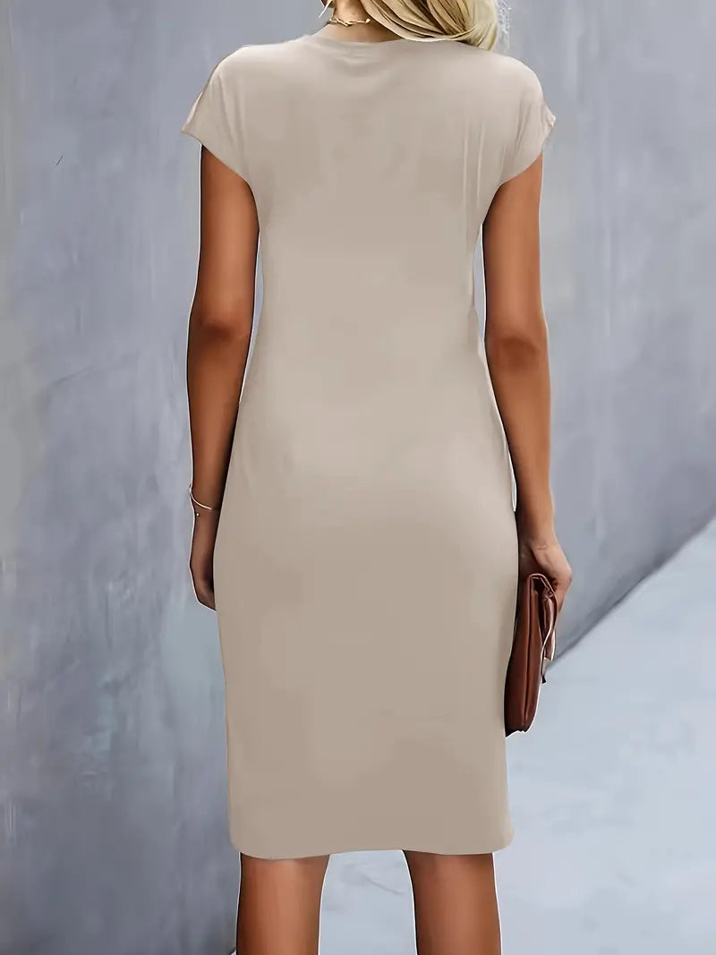 Women's Casual Midi Dress with Round Neck and Side Draping