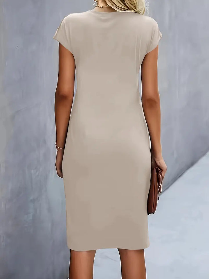 Women's Casual Midi Dress with Round Neck and Side Draping