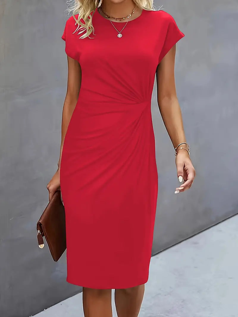 Women's Casual Midi Dress with Round Neck and Side Draping