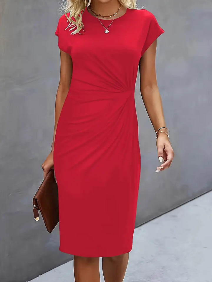 Women's Casual Midi Dress with Round Neck and Side Draping