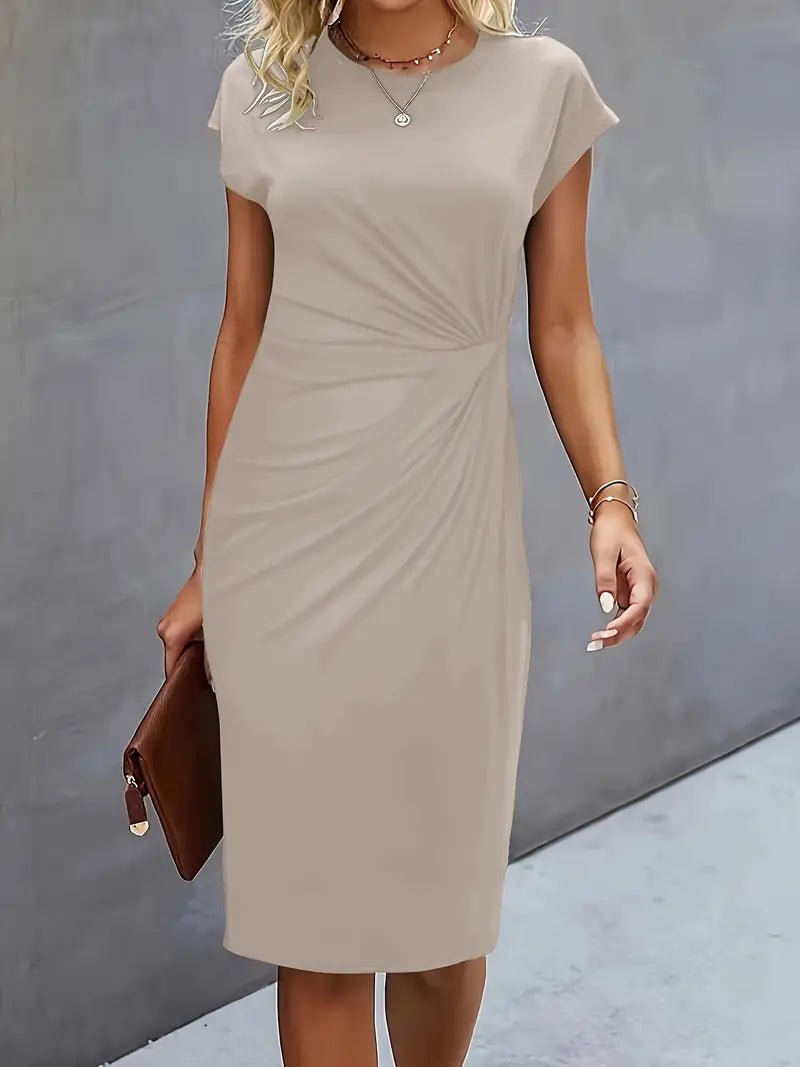 Women's Casual Midi Dress with Round Neck and Side Draping