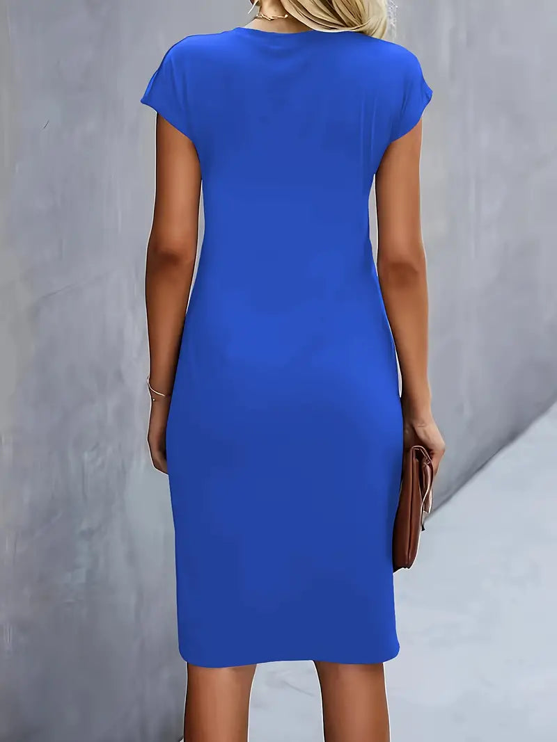 Women's Casual Midi Dress with Round Neck and Side Draping