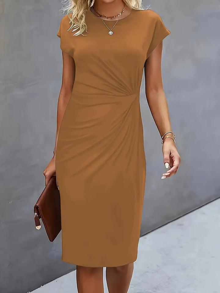 Women's Casual Midi Dress with Round Neck and Side Draping