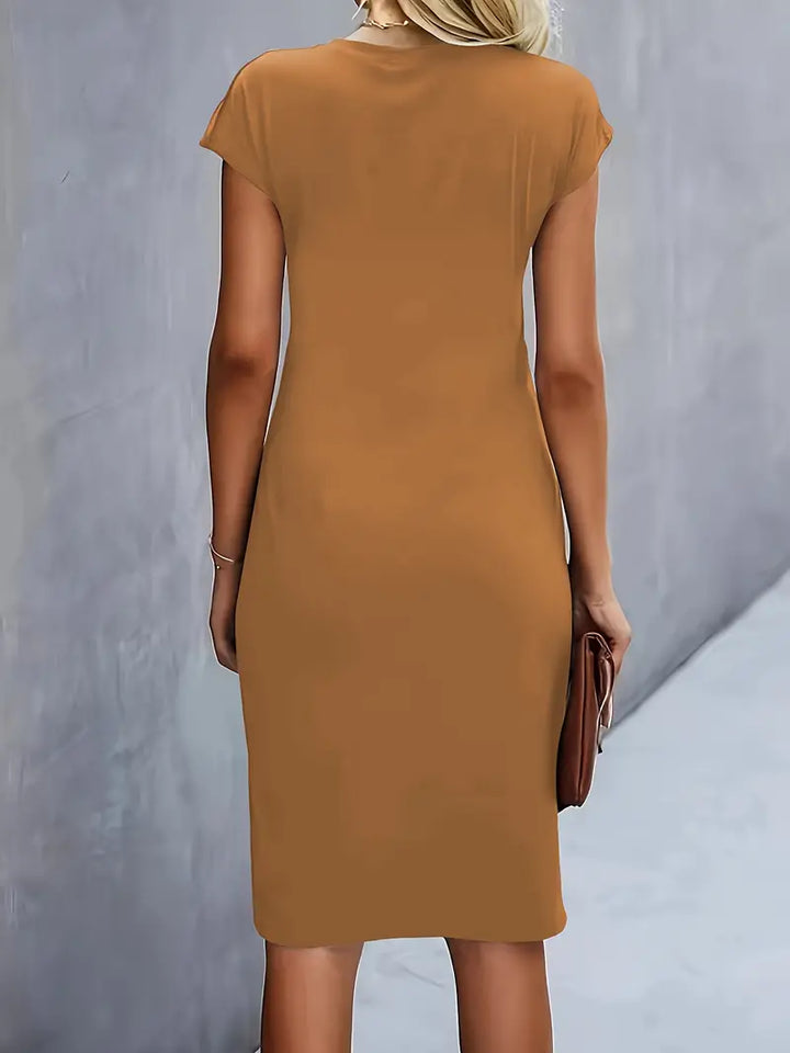 Women's Casual Midi Dress with Round Neck and Side Draping