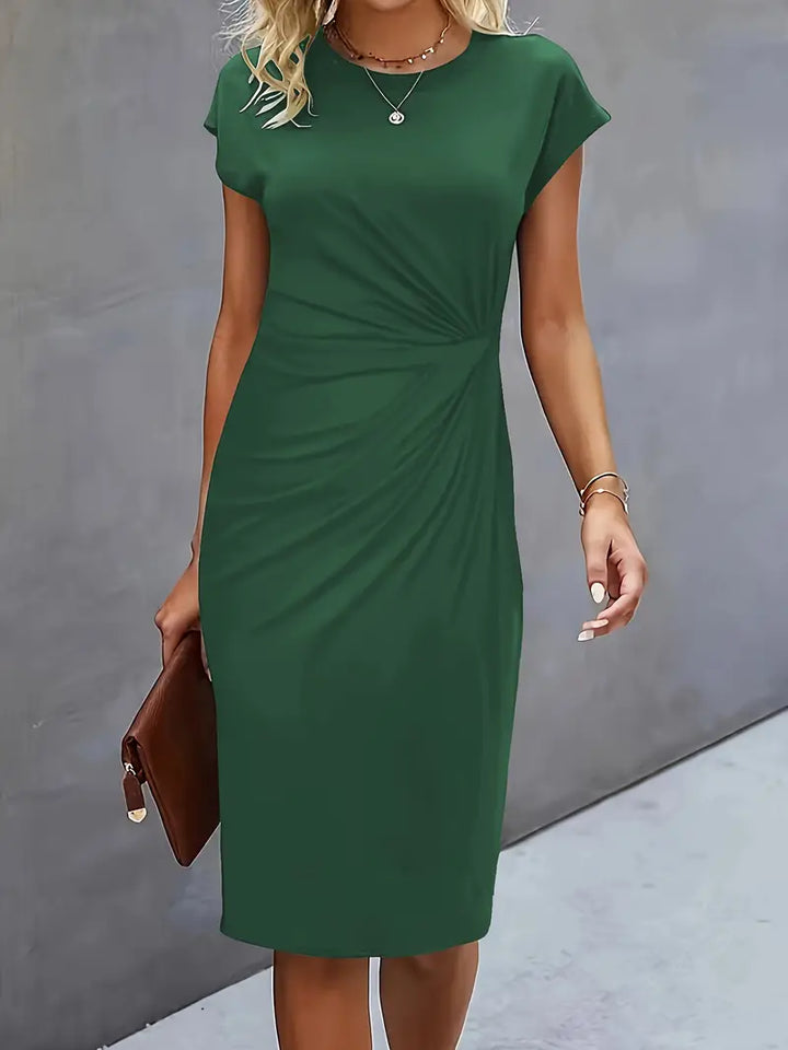 Women's Casual Midi Dress with Round Neck and Side Draping
