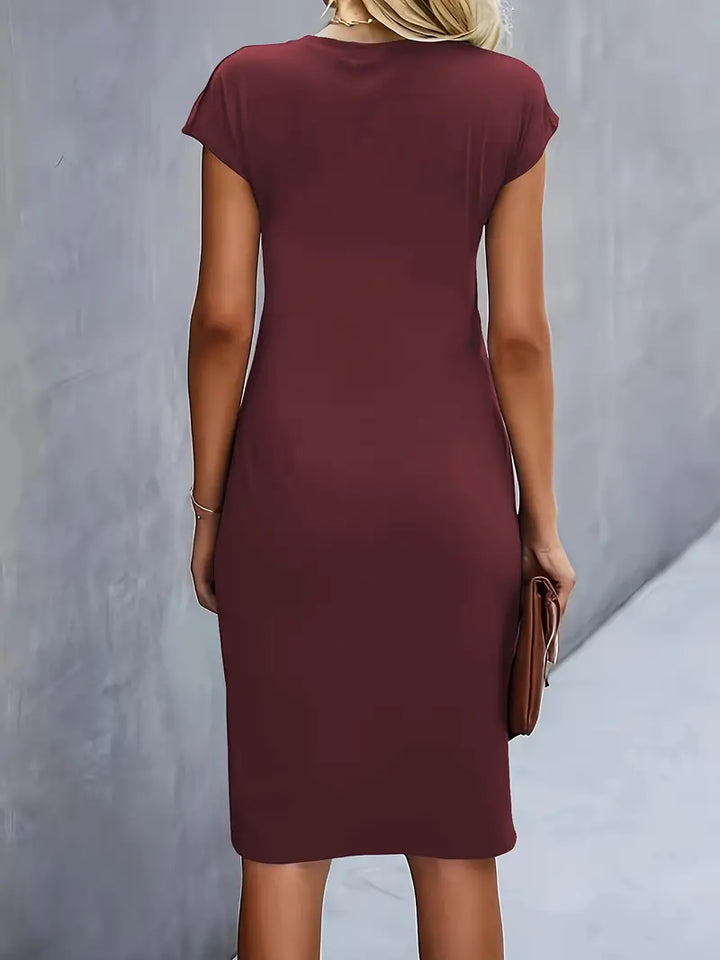 Women's Casual Midi Dress with Round Neck and Side Draping