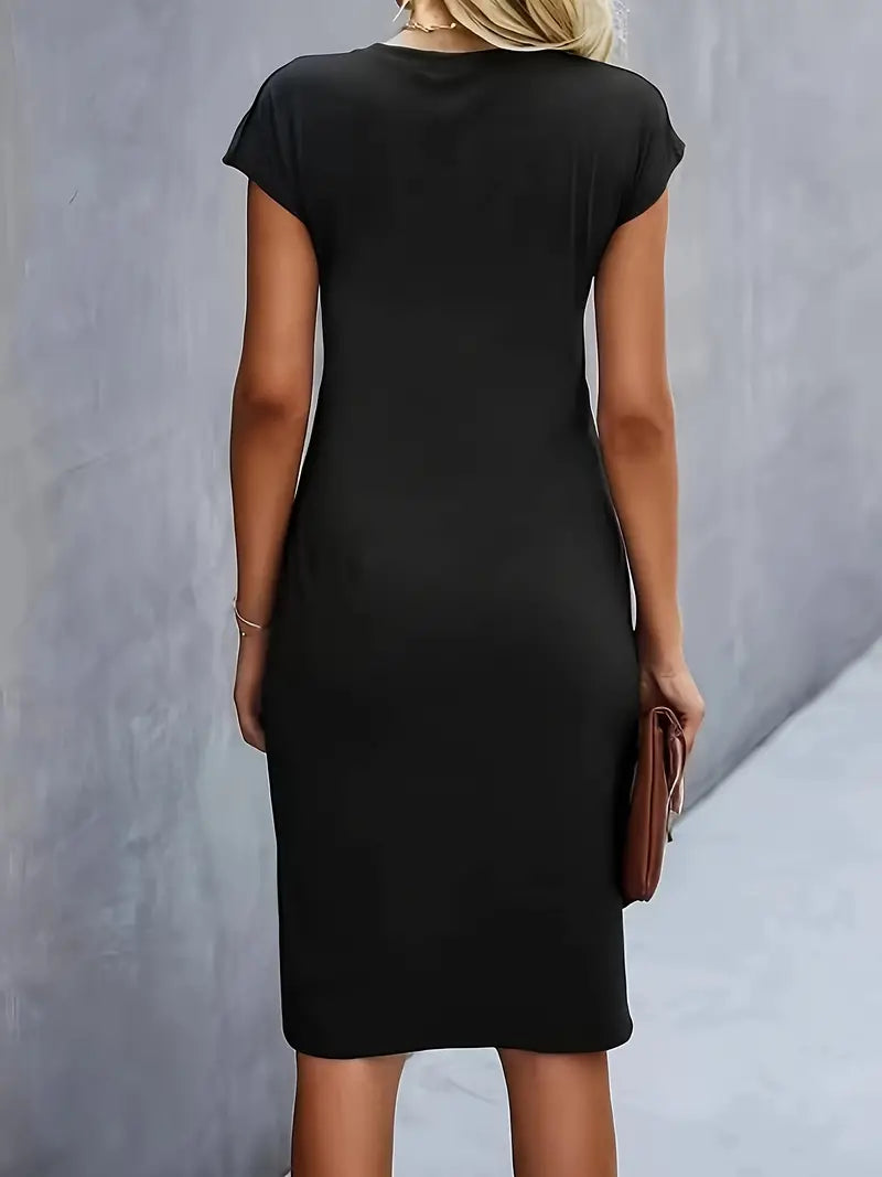 Women's Casual Midi Dress with Round Neck and Side Draping