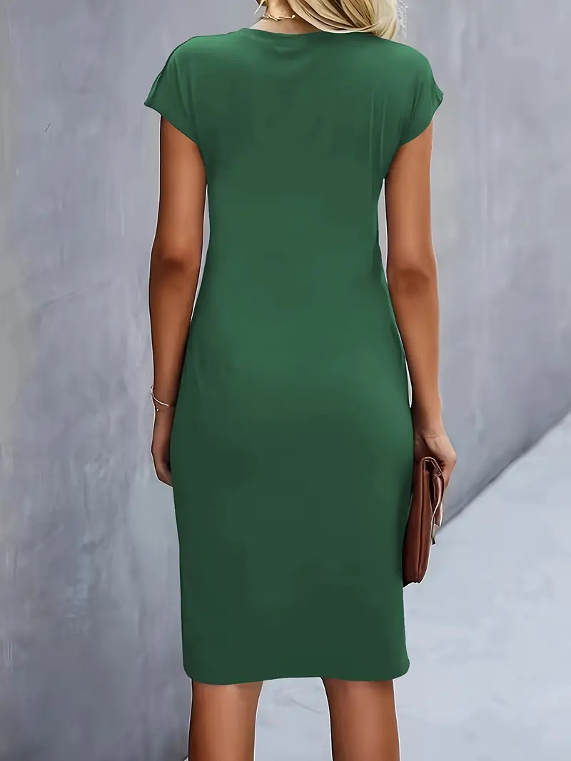 Women's Casual Midi Dress with Round Neck and Side Draping