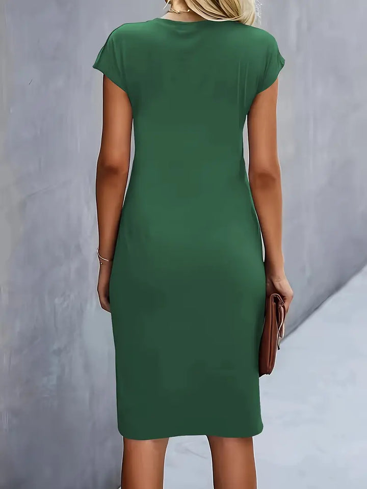 Women's Casual Midi Dress with Round Neck and Side Draping