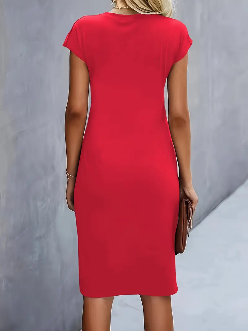 Women's Casual Midi Dress with Round Neck and Side Draping