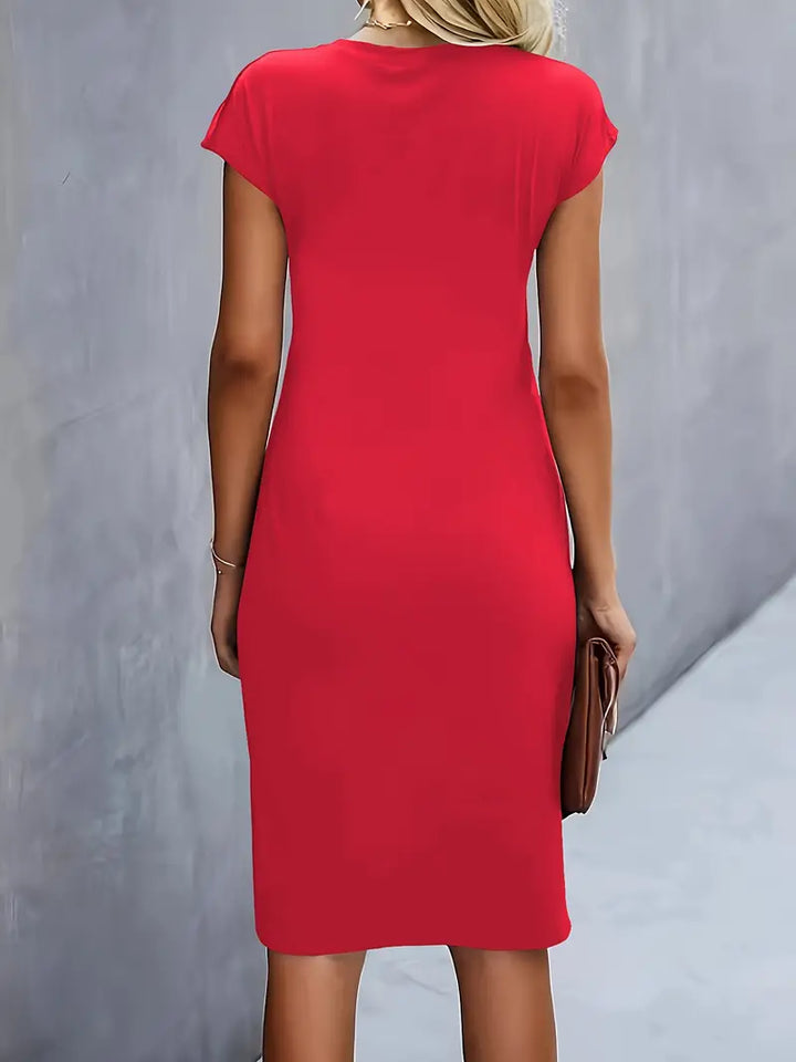 Women's Casual Midi Dress with Round Neck and Side Draping