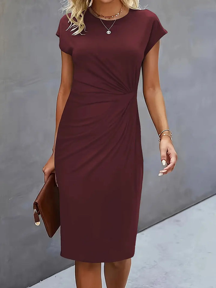 Women's Casual Midi Dress with Round Neck and Side Draping