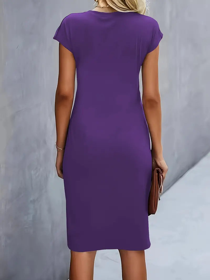 Women's Casual Midi Dress with Round Neck and Side Draping