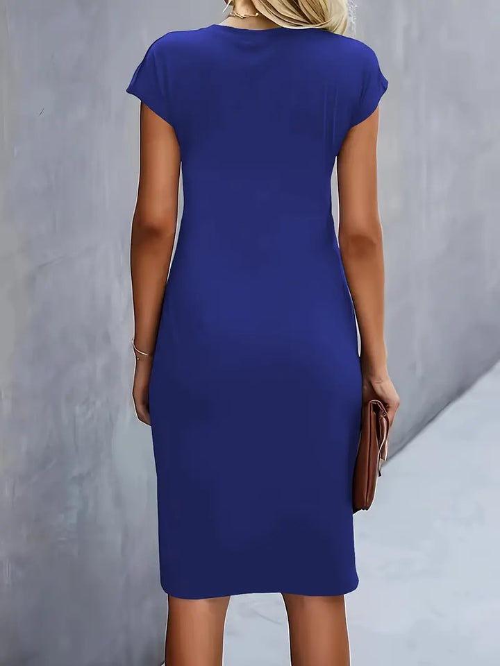 Women's Casual Midi Dress with Round Neck and Side Draping