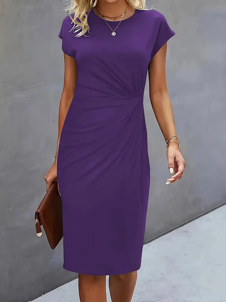 Women's Casual Midi Dress with Round Neck and Side Draping