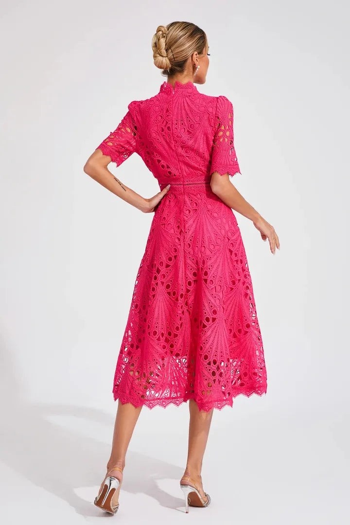 Women's Wedding Guest Lace Midi Dress with High Neck and Short Sleeves