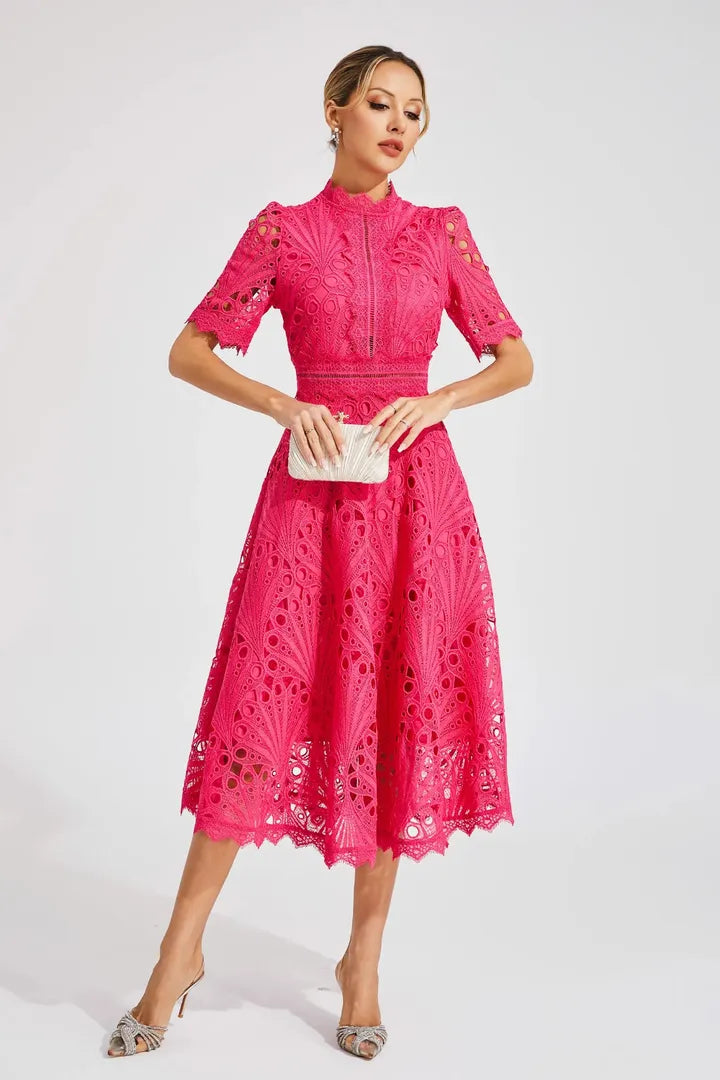 Women's Wedding Guest Lace Midi Dress with High Neck and Short Sleeves