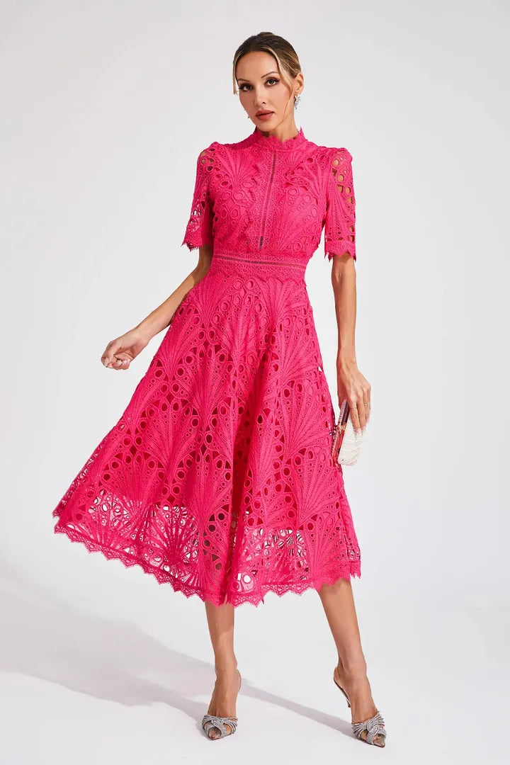 Women's Wedding Guest Lace Midi Dress with High Neck and Short Sleeves