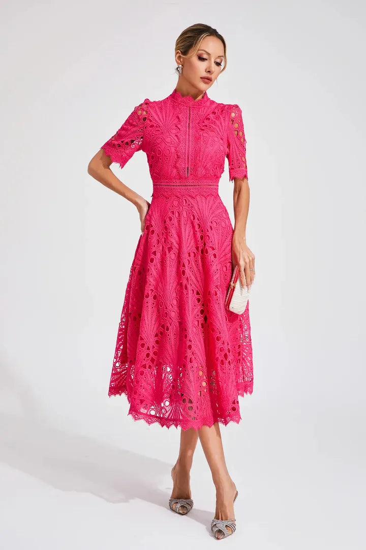Women's Wedding Guest Lace Midi Dress with High Neck and Short Sleeves