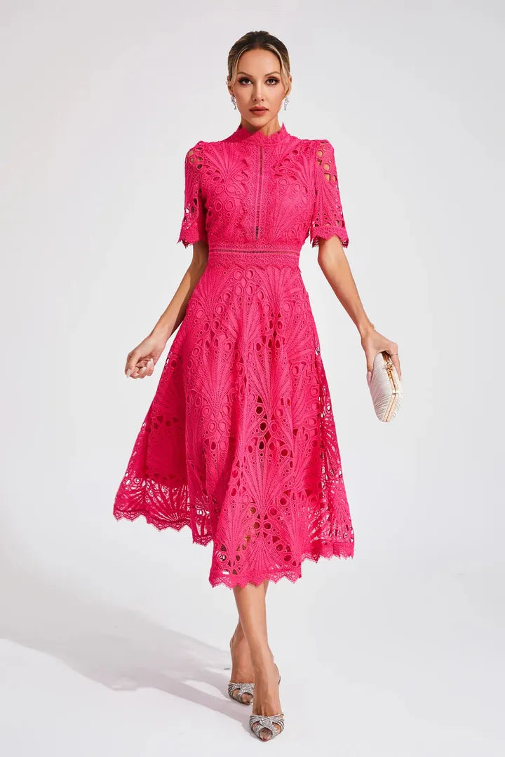 Women's Wedding Guest Lace Midi Dress with High Neck and Short Sleeves