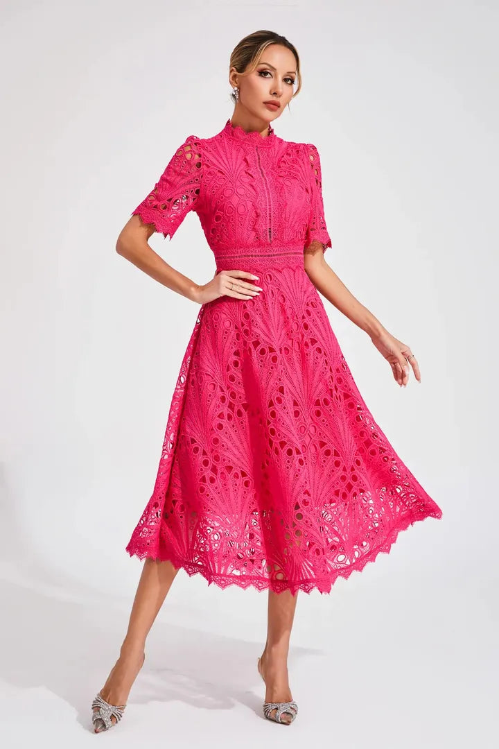 Women's Wedding Guest Lace Midi Dress with High Neck and Short Sleeves